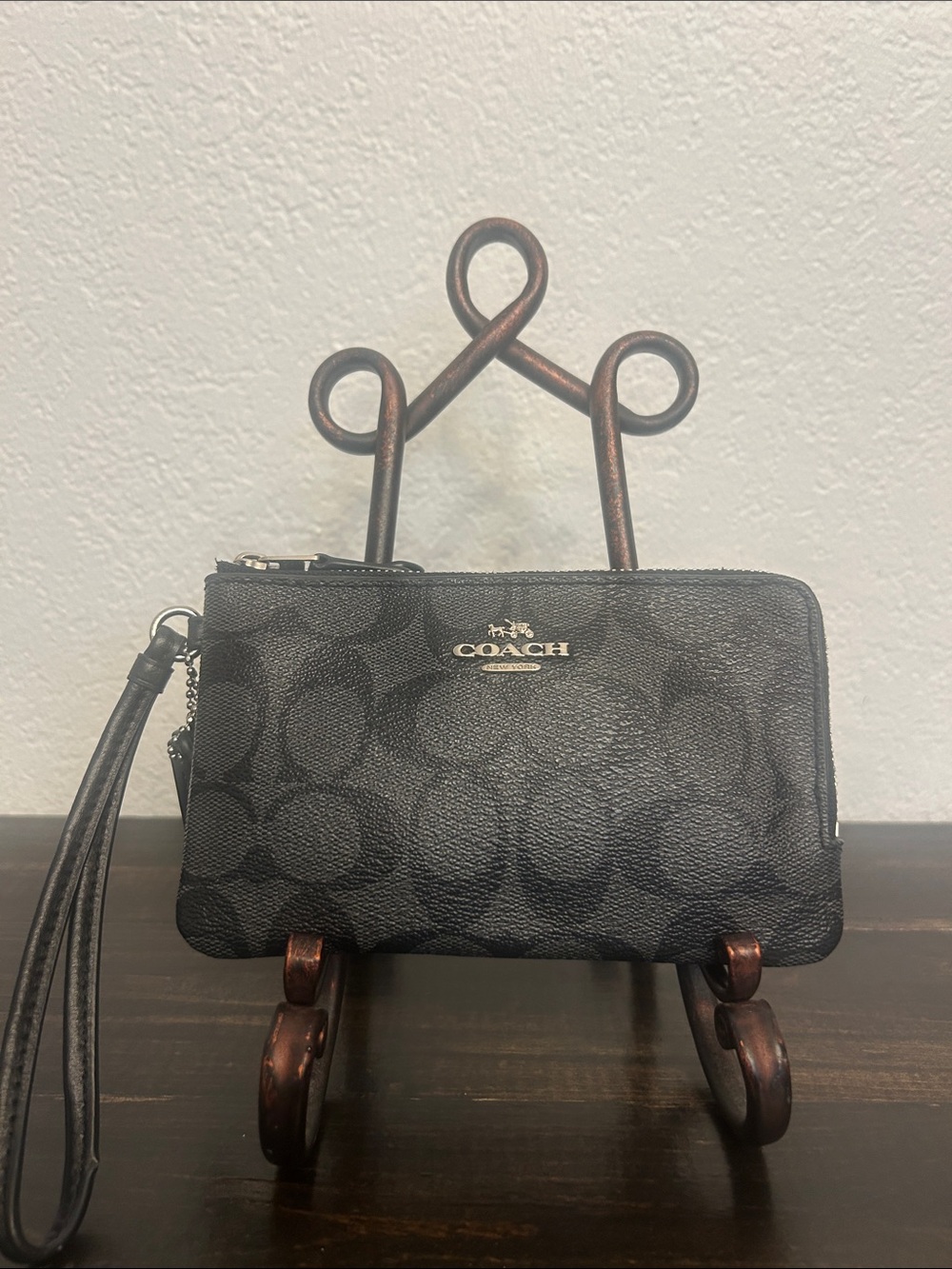 Coach Signature Double Corner Zip Wallet/Wristlet in Black PVC-F87591